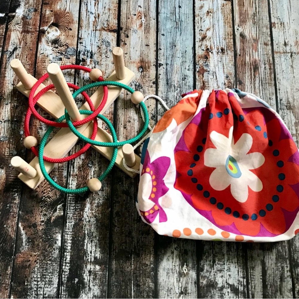 Wooden Ring Toss Game & Cinch Carry Tote Bag